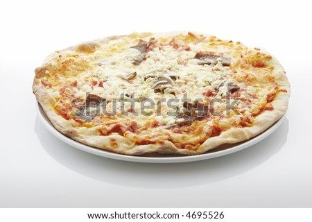 Pizza (filled with kebab, ham and blue cheese) on the plate over white background