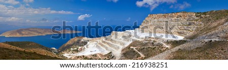 Panoramic view of Marble quarry near village Mochlos, Crete, Greece.
