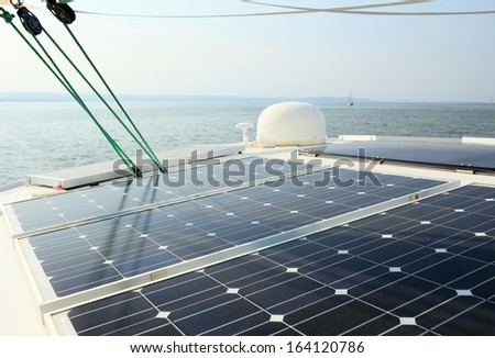 Solar charging batteries aboard a sail boat Photovoltaic panels energy concept
