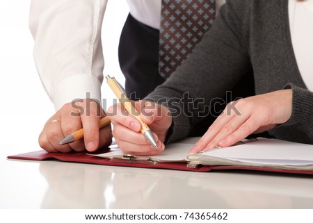 woman and man in grey write by pen on paper. Businesswoman signs. Isolated on white background