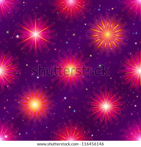 Firework background seamless, red and lilac on night sky. Pattern for holiday design