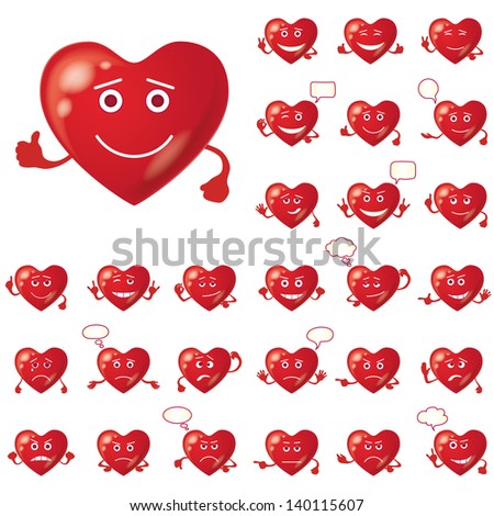 Set of Valentine hearts smileys, love signs, symbolizing various emotions. Eps10, contains transparencies. Vector