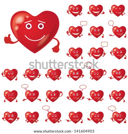 Set of Valentine hearts smileys, love signs, symbolizing various emotions