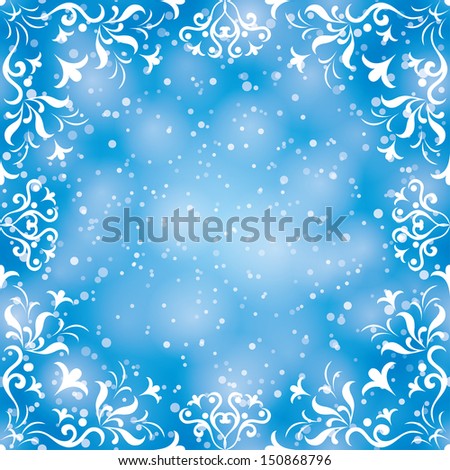 Abstract background with symbolical floral white pattern frame and confetti on blue