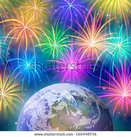 Holiday background, space with planet mother Earth, stars and firework. Elements of this image furnished by NASA (www.visibleearth.nasa.gov)