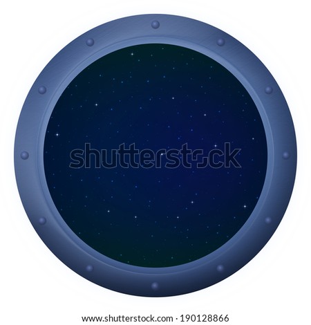 Spaceship window porthole with space, dark blue sky and stars