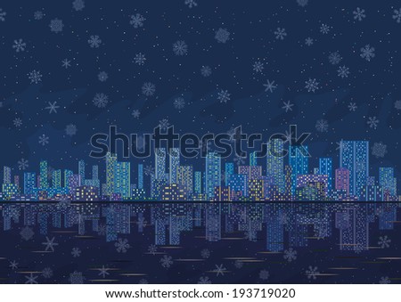 Urban background, night cityscape with skyscrapers reflecting in blue sea and white Christmas snowflakes in the starry sky.
