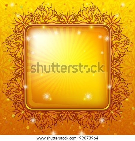 Gold holiday background, frame with rays and abstract pattern on backdrop, vector eps10, contains transparencies