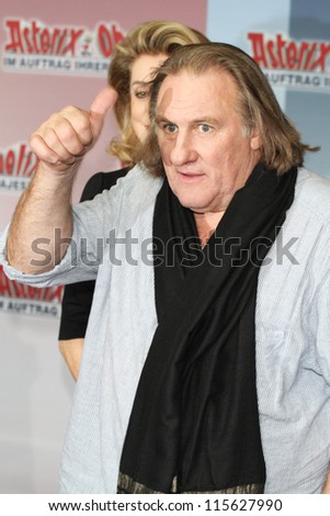 BERLIN - OCTOBER 01: Catherine Deneuve and Gerard Depardieu attend the 'Asterix & Obelix God Save Britannia' photocall at Hotel de Rome on October 1, 2012 in Berlin, Germany.