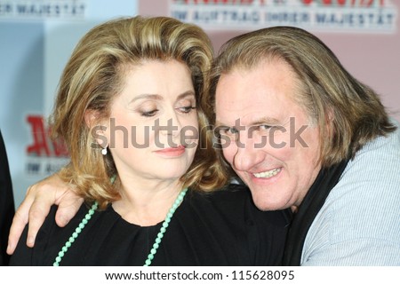 BERLIN - OCTOBER 01: Catherine Deneuve and Gerard Depardieu attend the \'Asterix & Obelix God Save Britannia\' photocall at Hotel de Rome on October 1, 2012 in Berlin, Germany.