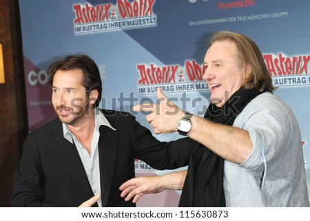 BERLIN - OCTOBER 01: Edouard Baer and Gerard Depardieu attend the \'Asterix & Obelix God Save Britannia\' photocall at Hotel de Rome on October 1, 2012 in Berlin, Germany.