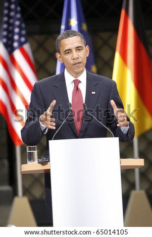 DRESDEN - June 05:  Barack Obama, the 44th President of the United States at a Press conference with the german Chancellor Angela Merkel at the Residenz Schloss. June 05, 2009 in Dresden
