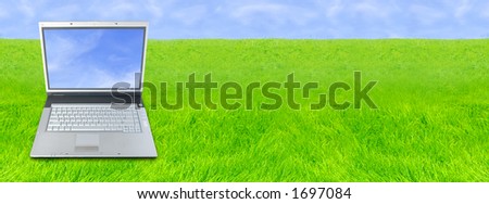 Laptop Computer Over Wide Green Grass Background (Area For Your Text)