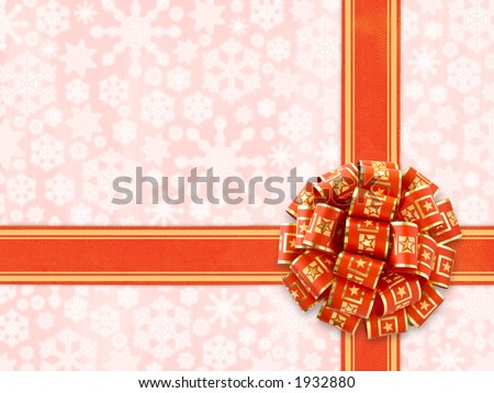 Red Gift Bow Over Snowflakes Background (with clipping path for easy object pick out if needed)