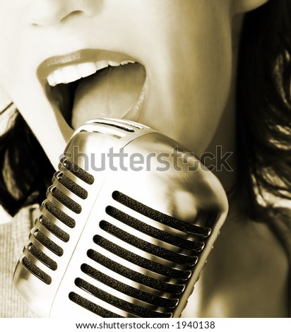 stock photo : Retro Singer (Girl Singing In Retro Microphone)