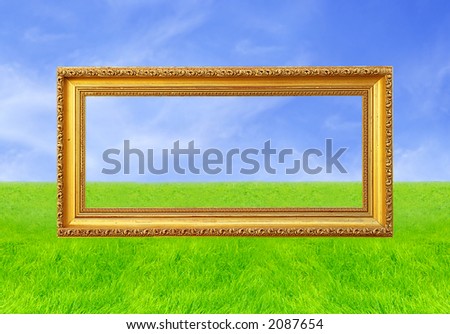 Frame Of Fame (Blank Golden Picture Frame Against Blue Sky And Green Grass)