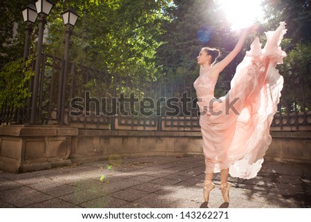 Young beautiful woman in elegant pink dress and ballet shoes in the garden.