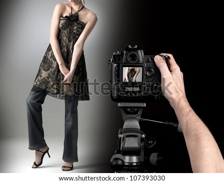 professional photographer at studio fashion shot with a model