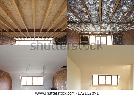 construction of the wooden frame of a roof Fibrerglass insulation installed in the sloping ceiling of a house. Construction of Drywall-Plasterboard Before and after