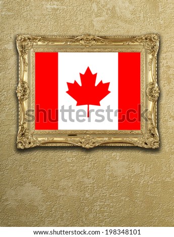 Flag from Canada exposition in gold frame on textured wall