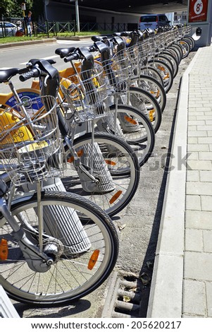 BRUSSELS, BELGIUM - JULY 16, 2014:City Bike docking station in Brussels. Villo Bike is a privately owned for-profit public bicycle sharing system that serves the city on July 16 in Brussels