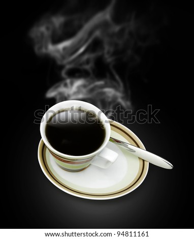 Cup of hot coffee with steam on dark background.