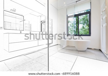 Mixed sketch of a Bathtub in corian, Faucet and shower in tiled bathroom with windows towards garden