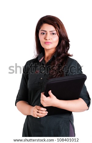 businesswoman using laptop with copy space, confident businesswoman using laptop isolated on white,