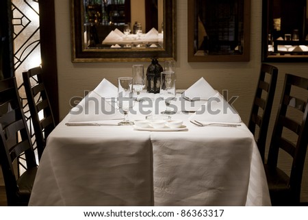 close of a dining table in a restaurant with white napkins and wine glasses.