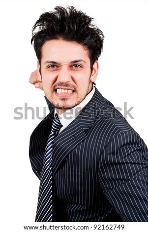 portrait of angry man punching in the air