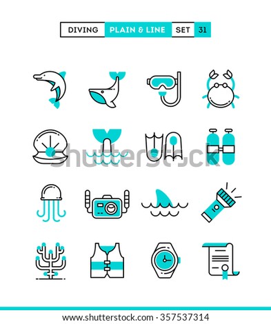 Scuba diving, underwater animals, equipment, certificate and more. Plain and line icons set, flat design, vector illustration