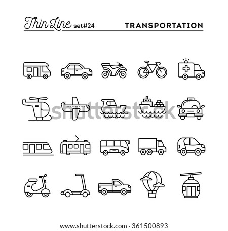 Transportation and vehicles, thin line icons set, vector illustration