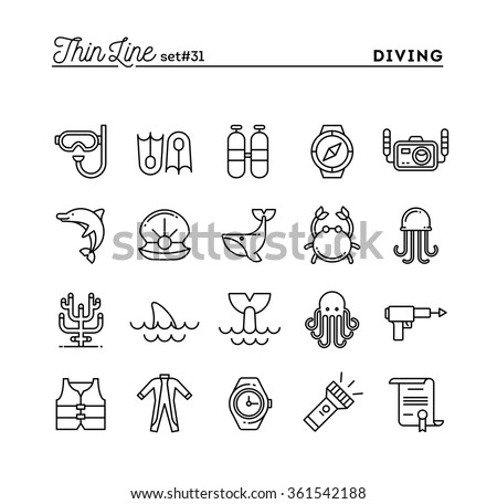 Scuba diving, underwater animals, equipment, certificate and more, thin line icons set, vector illustration