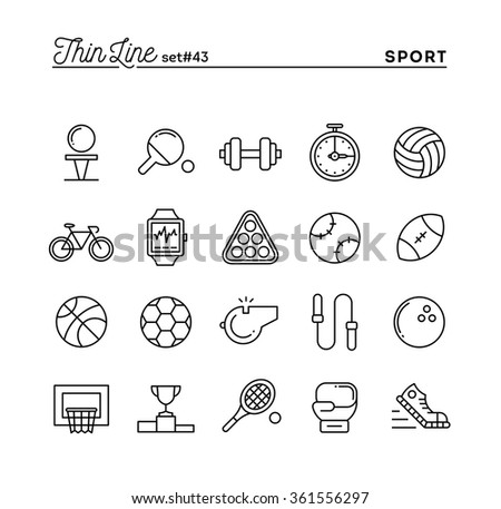 Sports, recreation, work out, equipment and more, thin line icons set, vector illustration