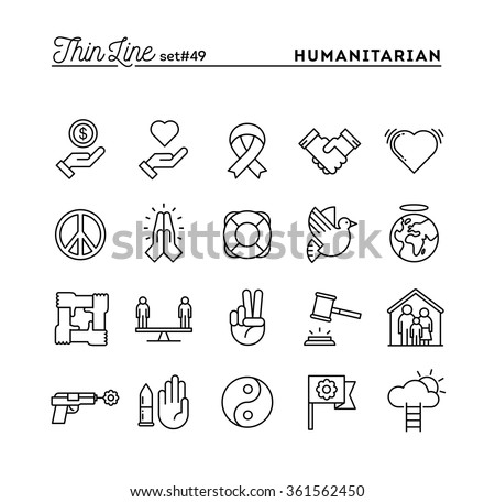Humanitarian, peace, justice, human rights and more, thin line icons set, vector illustration