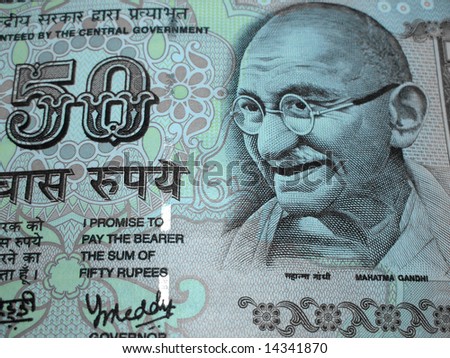 Indian currency / rupee - Closeup of fifty rupee note / bill with Gandhi emblem.