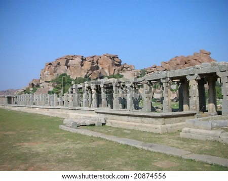 A view of the ruins, which was said to be a market selling gold, pearls, and other items during 1336 AD â?? 1565 AD, in Hampi, now a UNESCO World Heritage Site, Karnataka, India.