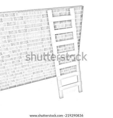 Ladder leans on brick wall on a white background. Pencil drawing