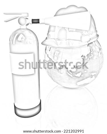 fire extinguisher and hardhat on earth on a white background. Pencil drawing