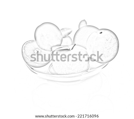 Citrus and apples on a white background. Pencil drawing