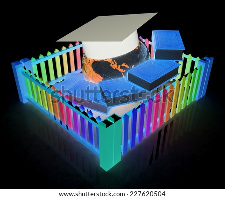 Global education concept in closed colorfull fence. Concept education protection on a black background