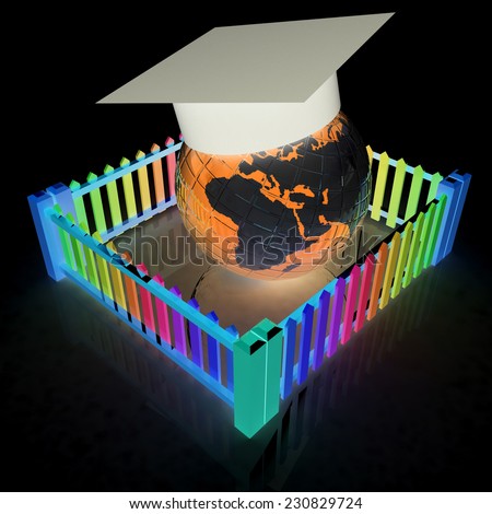 Global education concept in closed colorfull fence. Concept education protection on a black background
