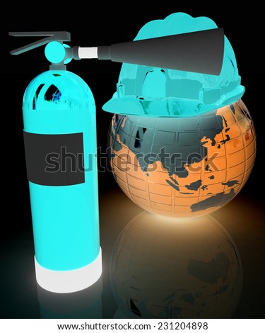 fire extinguisher and hardhat on earth on a black background