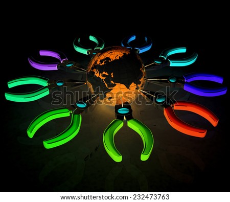 Colorful pliers to work and earth. Global tools concept