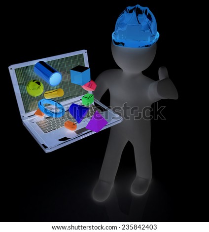 3D small people - an engineer with the laptop presents 3D capabilities on a black background