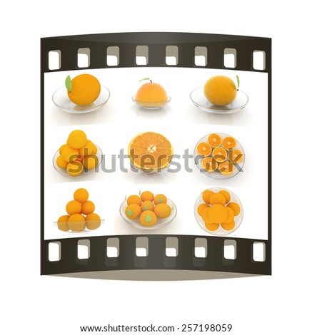 Set of half orange on a glass plate on a white. The film strip