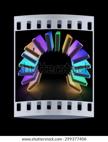 Colorful books like the rainbow on a black background. The film strip