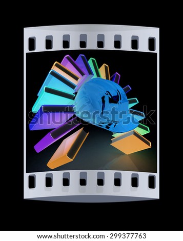 Colorful books like the rainbow and hard hat on a black background. The film strip
