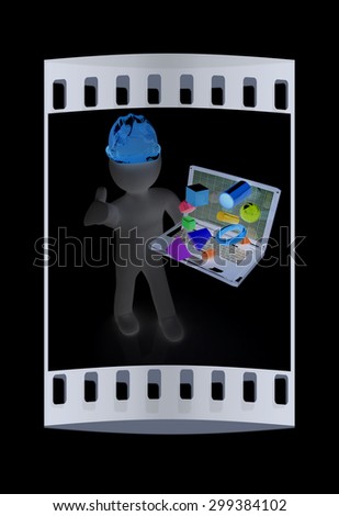 3D small people - an engineer with the laptop presents 3D capabilities on a black background. The film strip