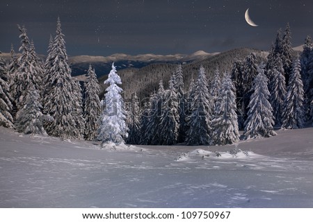 Beautiful winter landscape in the mountains at night with stars and moon